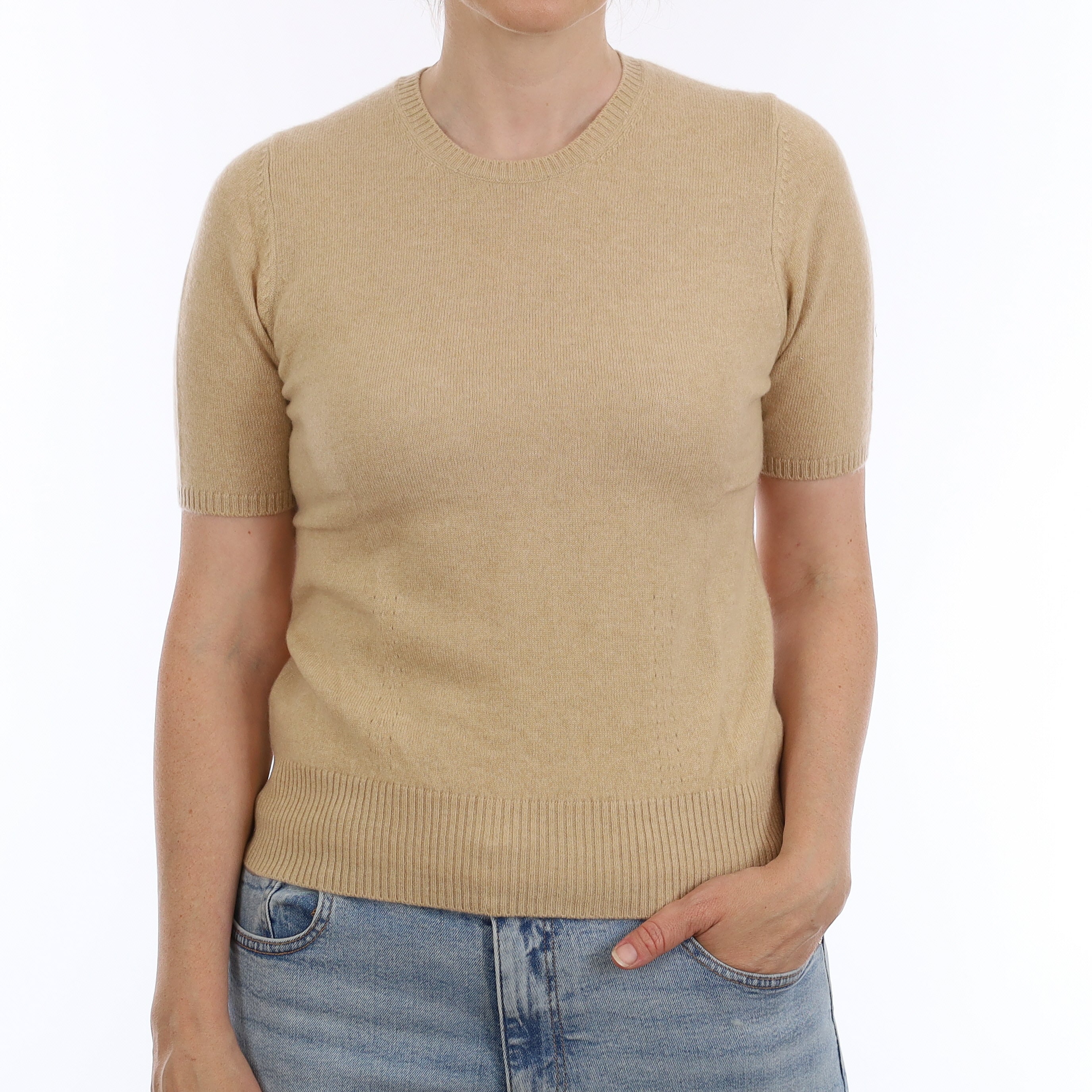 Sand Beige Cashmere Short Sleeve Crew Neck Jumper Small