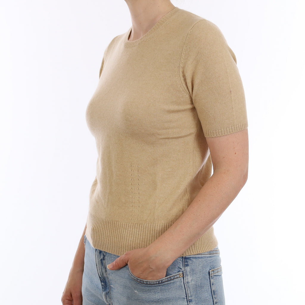 Sand Beige Cashmere Short Sleeve Crew Neck Jumper Small