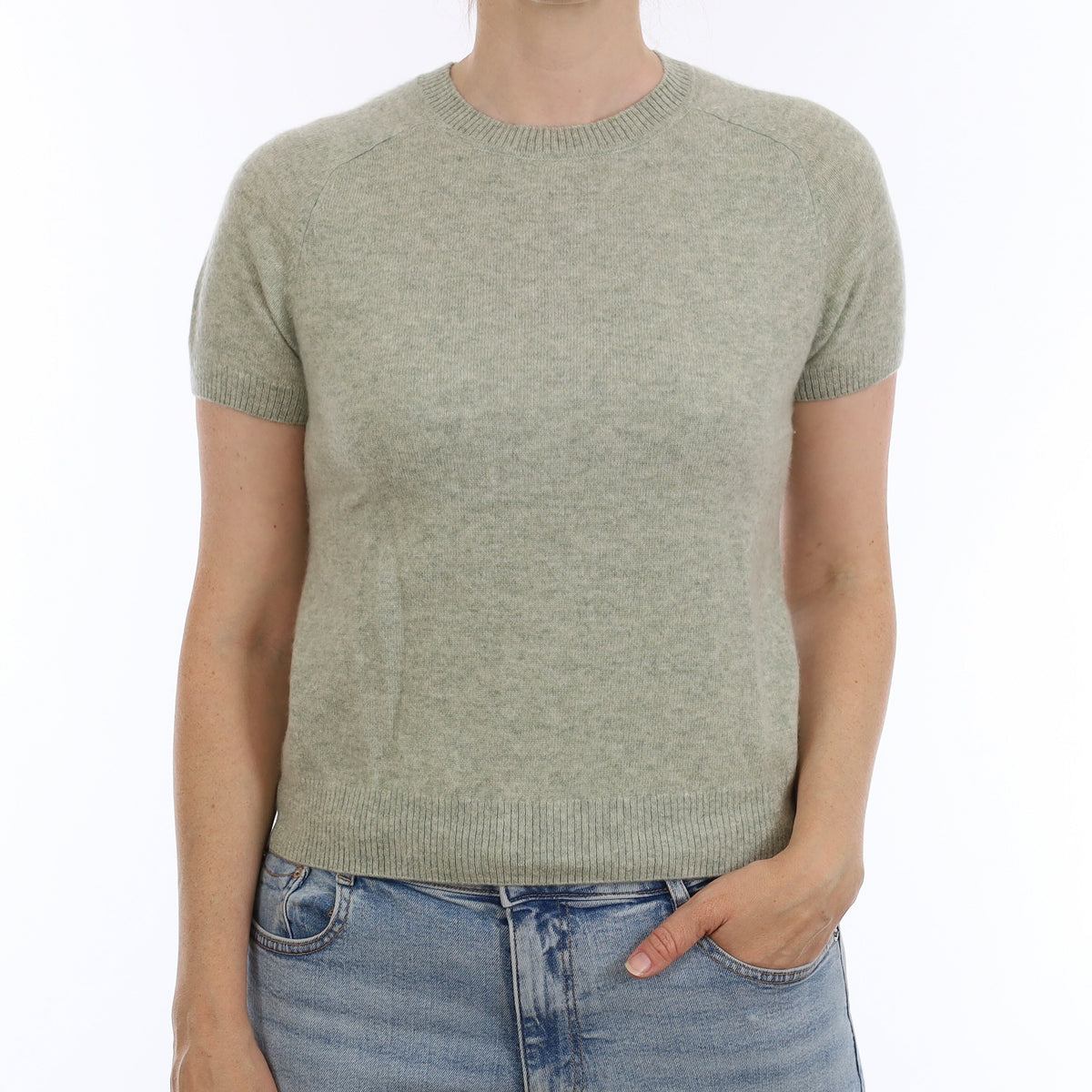 Eucalyptus Green Cashmere Short Sleeve Crew Neck Jumper Small
