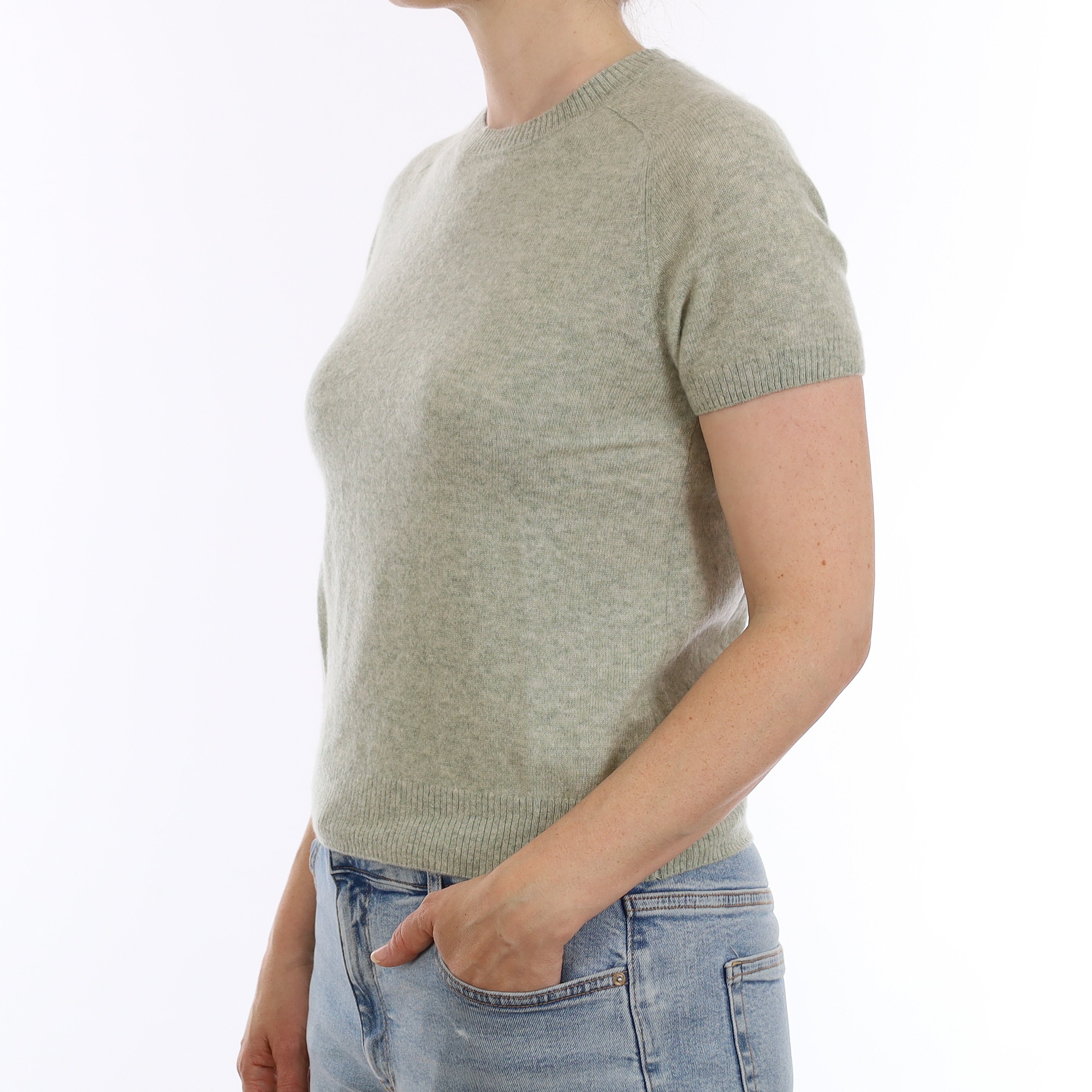 Eucalyptus Green Cashmere Short Sleeve Crew Neck Jumper Small