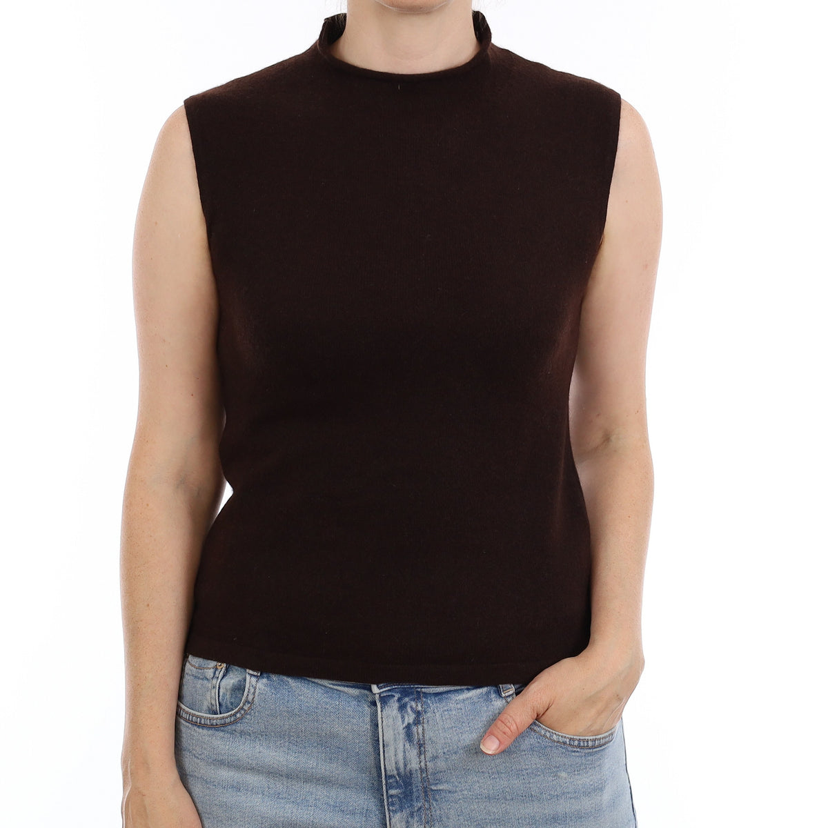 Chocolate Brown Cashmere Sleeveless Funnel Neck Jumper Small