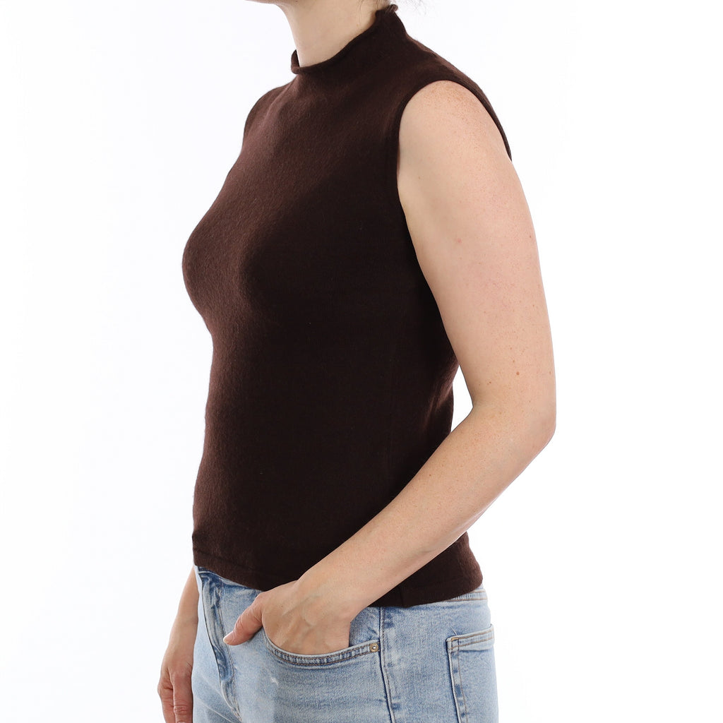 Chocolate Brown Cashmere Sleeveless Funnel Neck Jumper Small