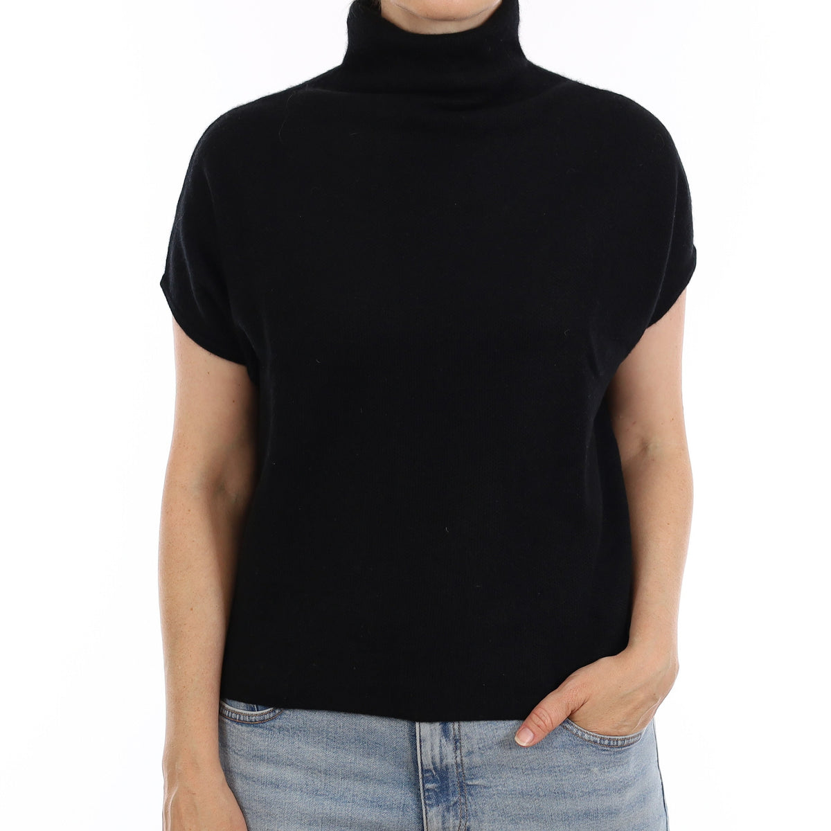 Black Cashmere Short Batwing Sleeve Funnel Neck Jumper Small