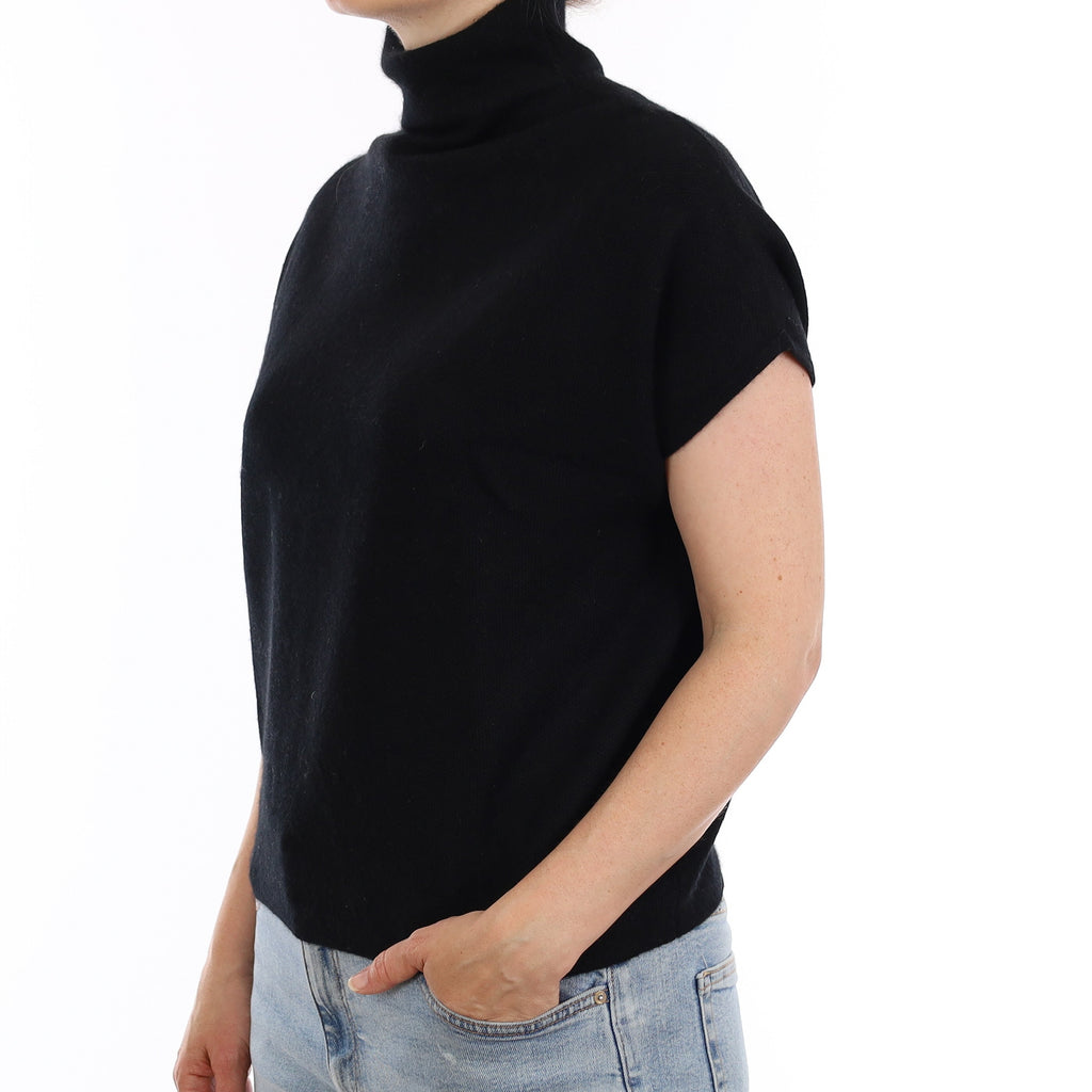 Black Cashmere Short Batwing Sleeve Funnel Neck Jumper Small