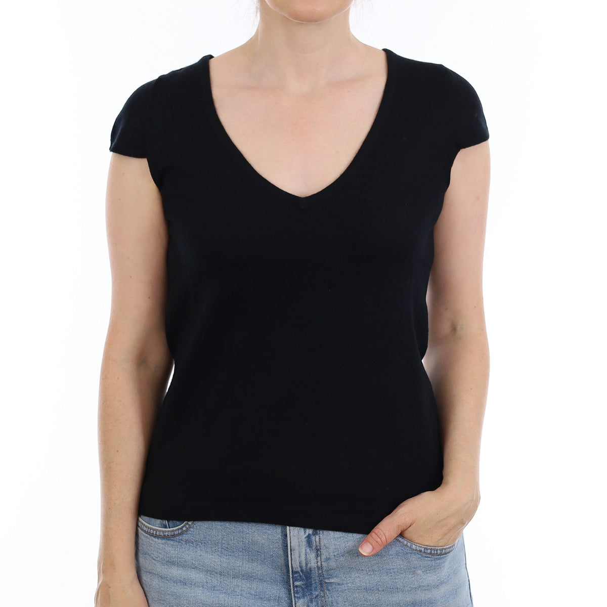 Scottish Black Cashmere Capped Sleeve V Neck Jumper Small