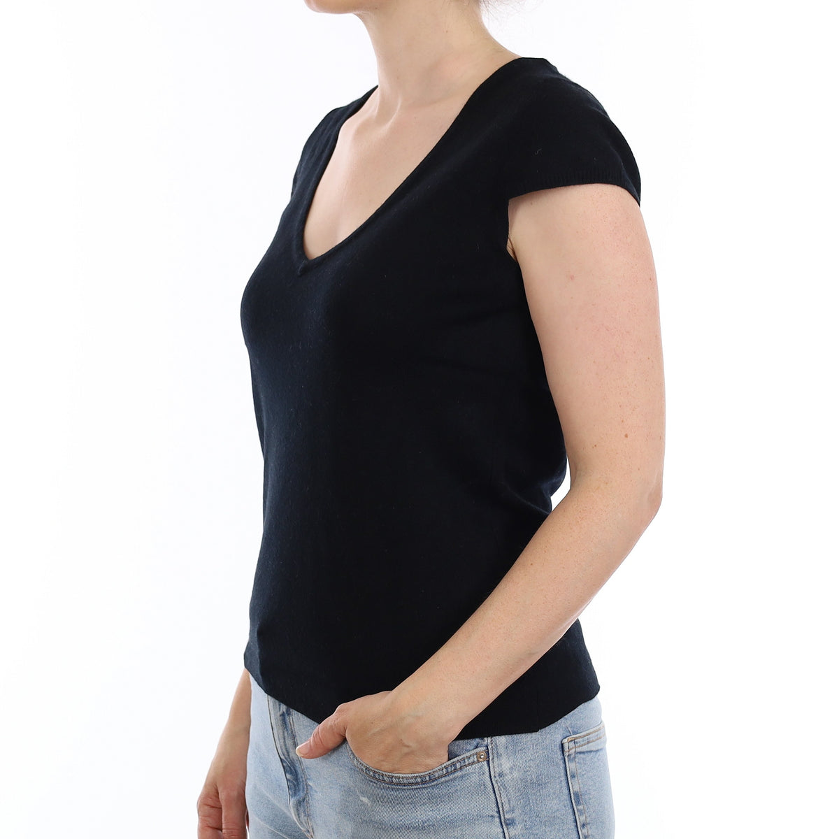 Scottish Black Cashmere Capped Sleeve V Neck Jumper Small