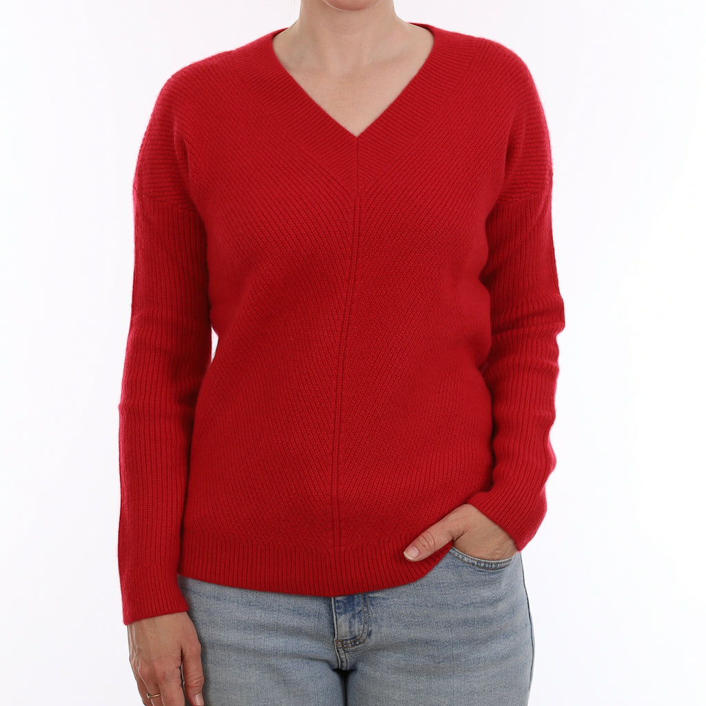 Ruby Red Chunky Rib Cashmere V Neck Jumper Small