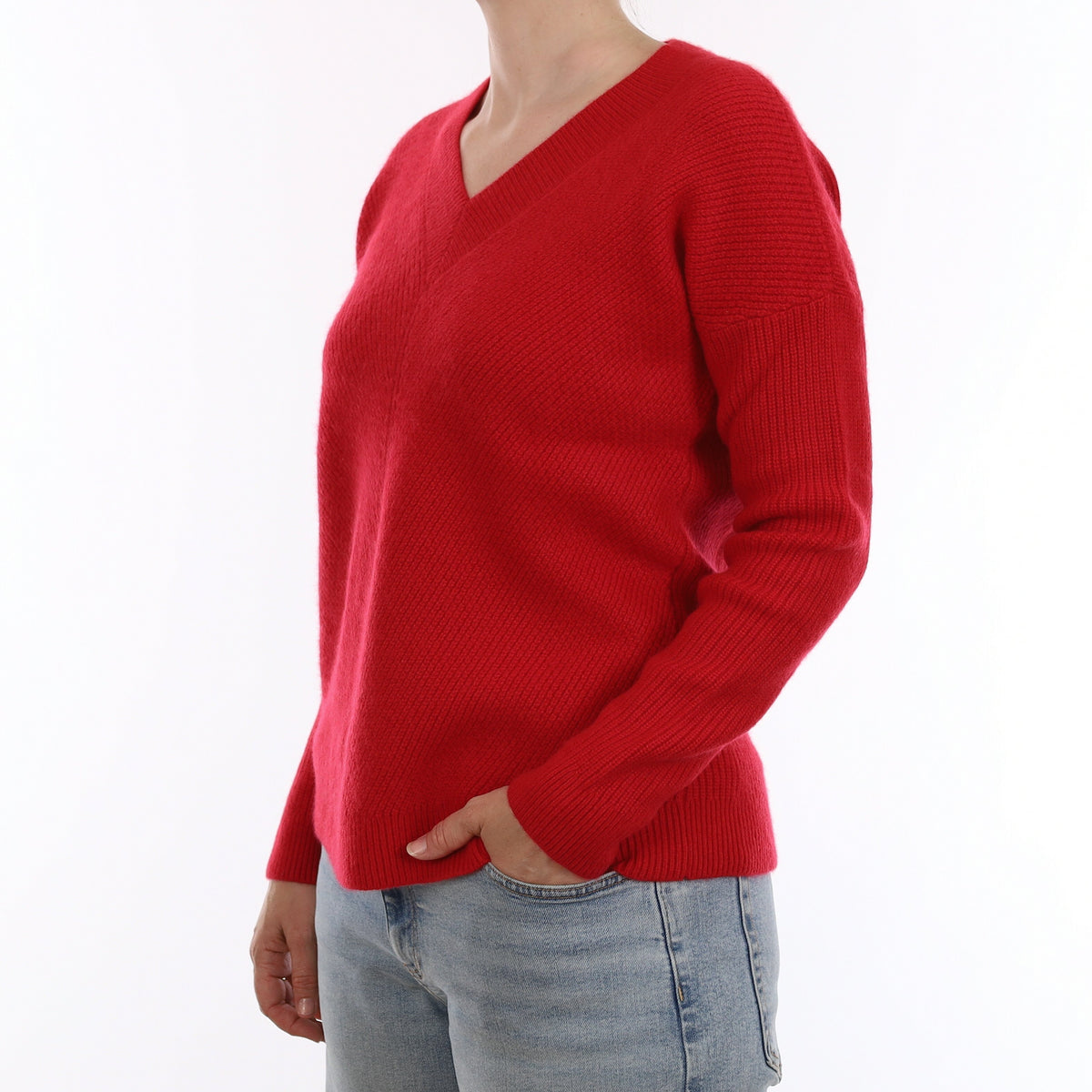 Ruby Red Chunky Rib Cashmere V Neck Jumper Small