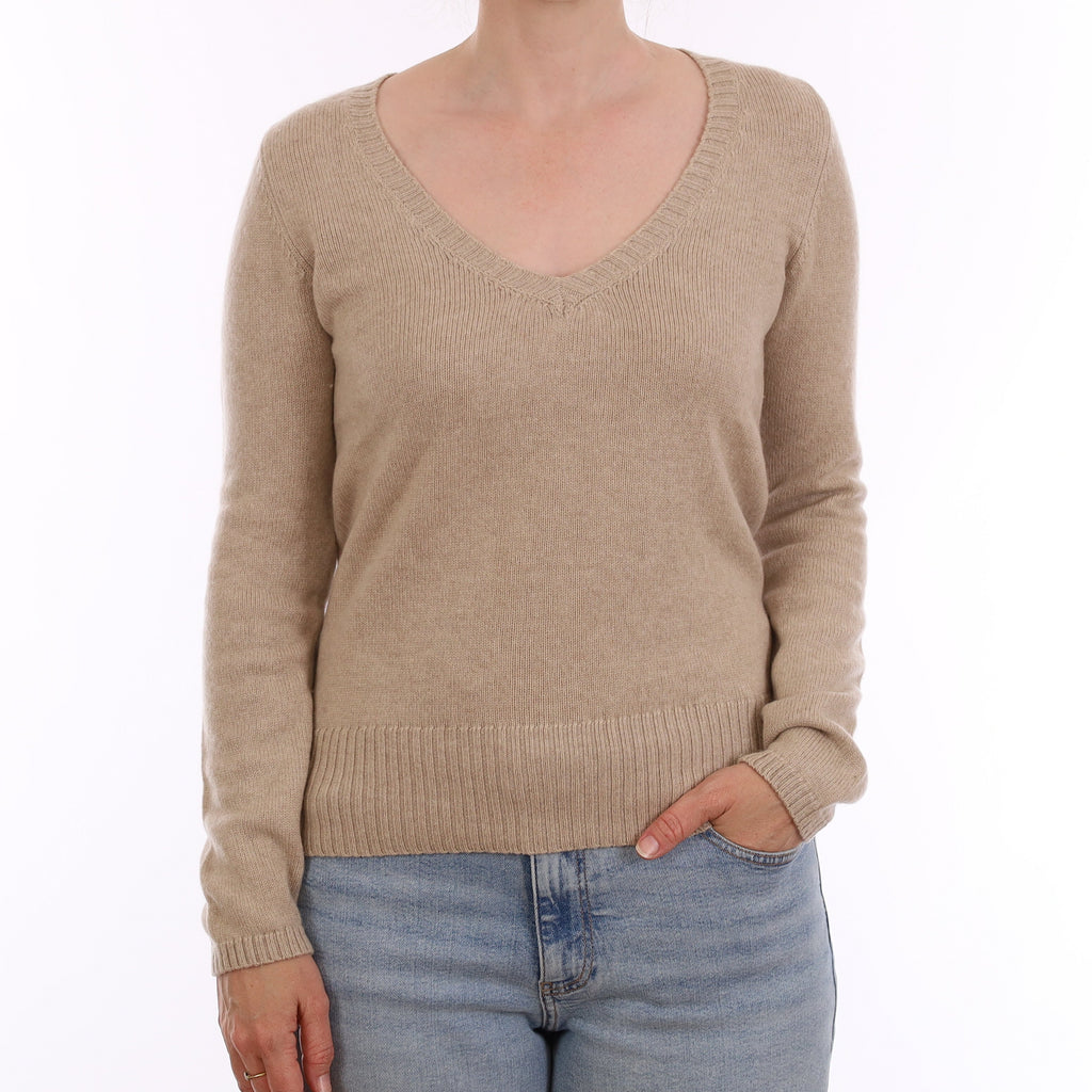 Fawn Beige Heavy Knit Cashmere V Neck Jumper Small