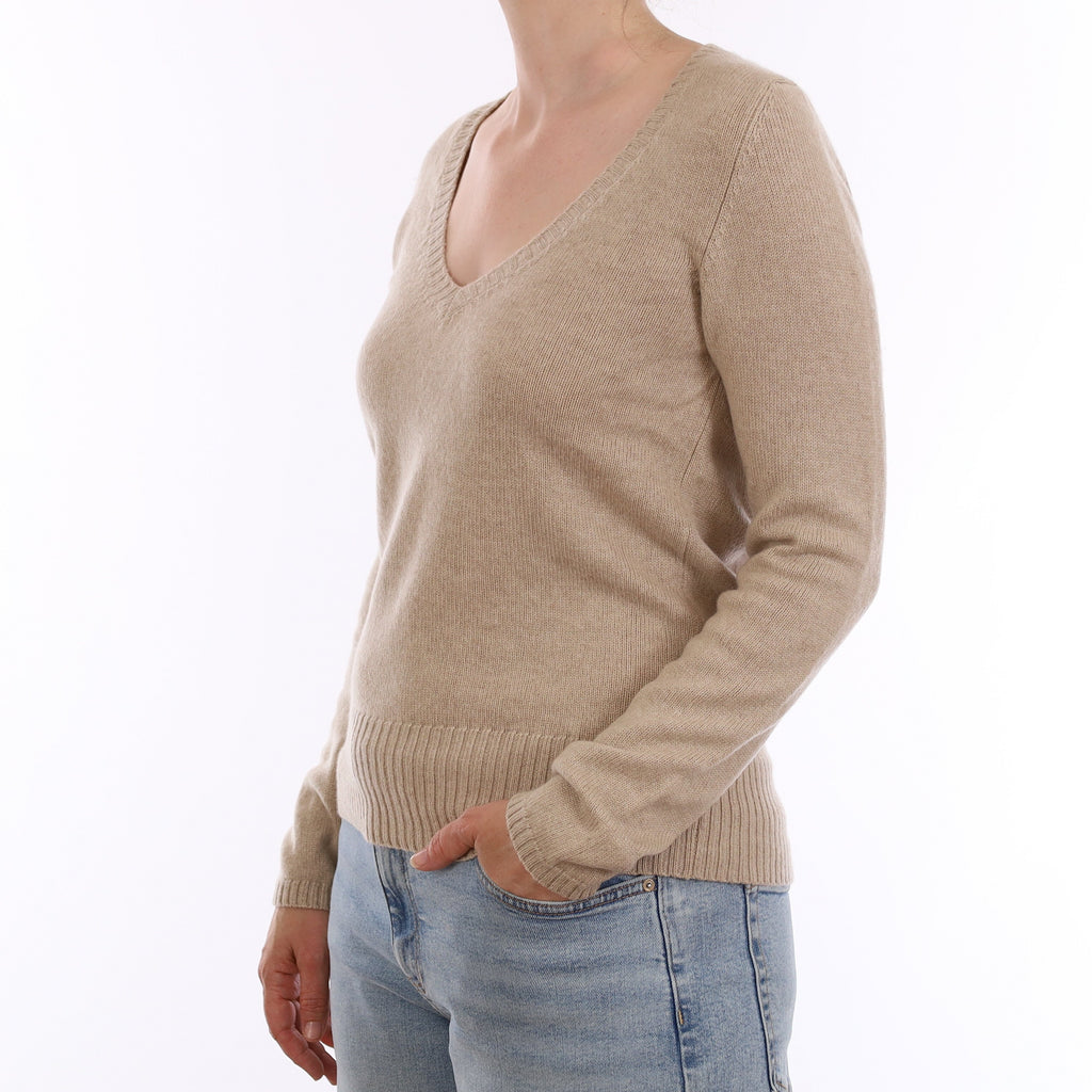 Fawn Beige Heavy Knit Cashmere V Neck Jumper Small