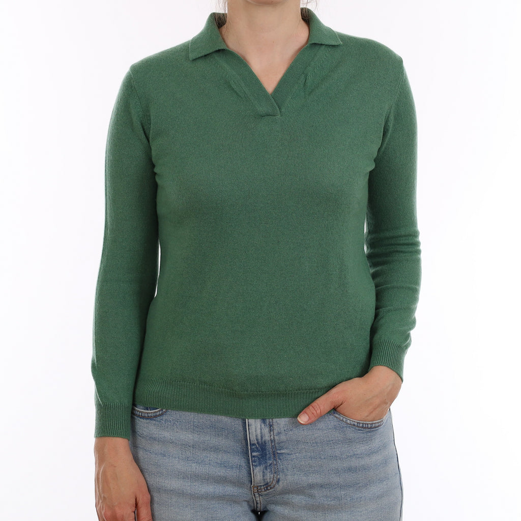 Sea Green Cashmere Collared V Neck Jumper Small