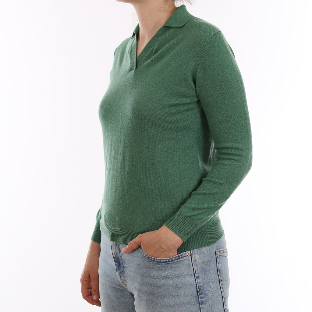 Sea Green Cashmere Collared V Neck Jumper Small