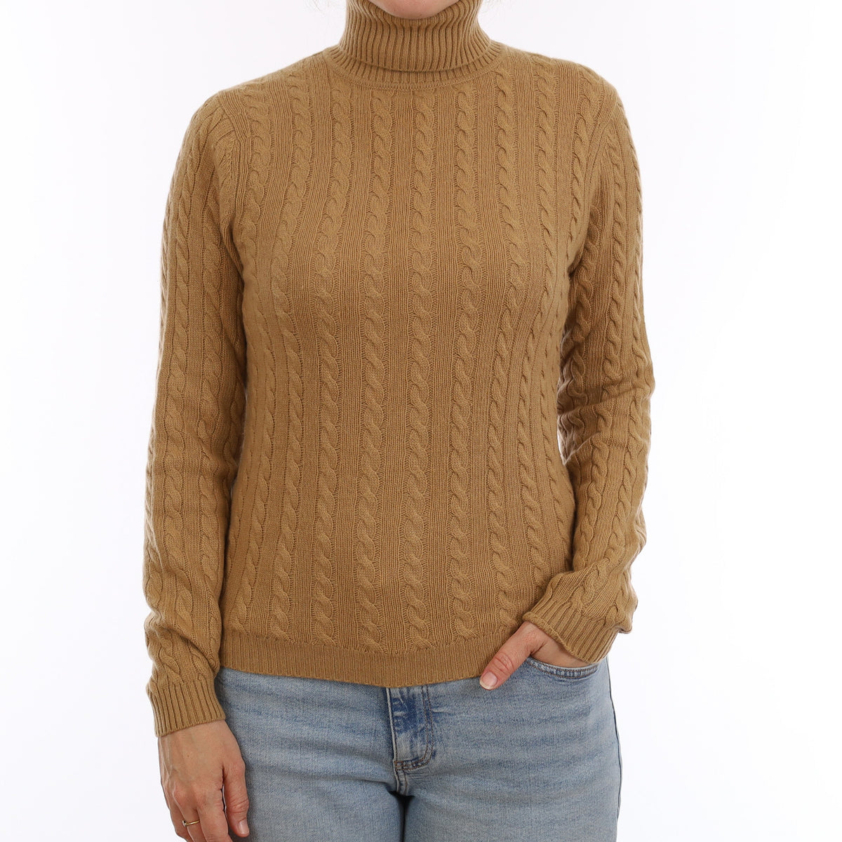 Caramel Brown Cable Cashmere Polo Neck Jumper Small