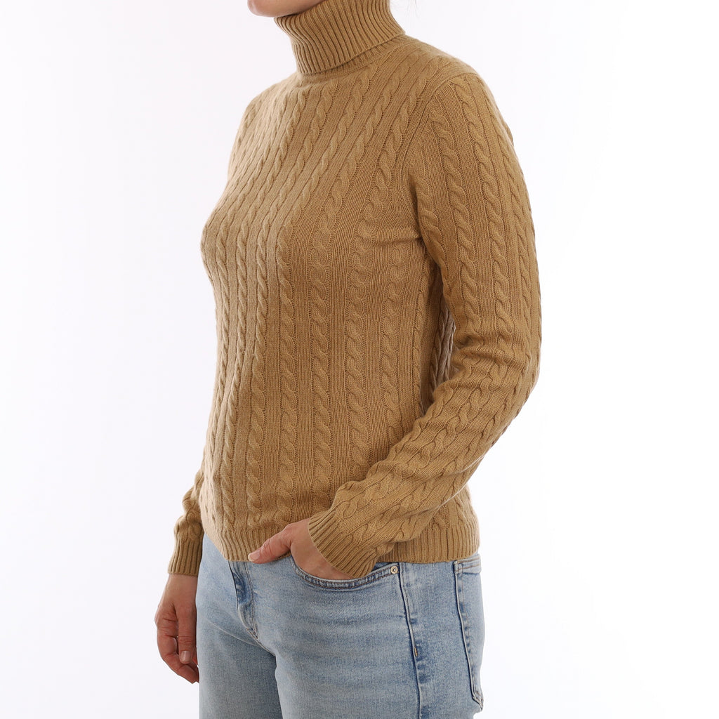 Caramel Brown Cable Cashmere Polo Neck Jumper Small