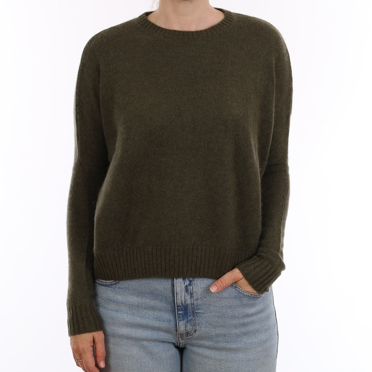 Khaki Green Heavy Knit Cashmere Batwing Crew Neck Jumper Small