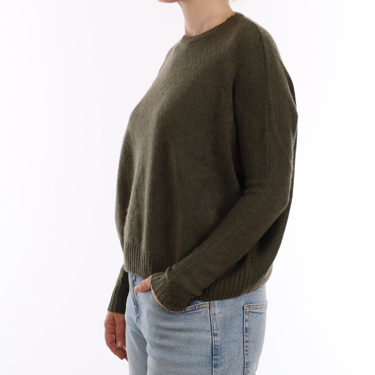 Khaki Green Heavy Knit Cashmere Batwing Crew Neck Jumper Small