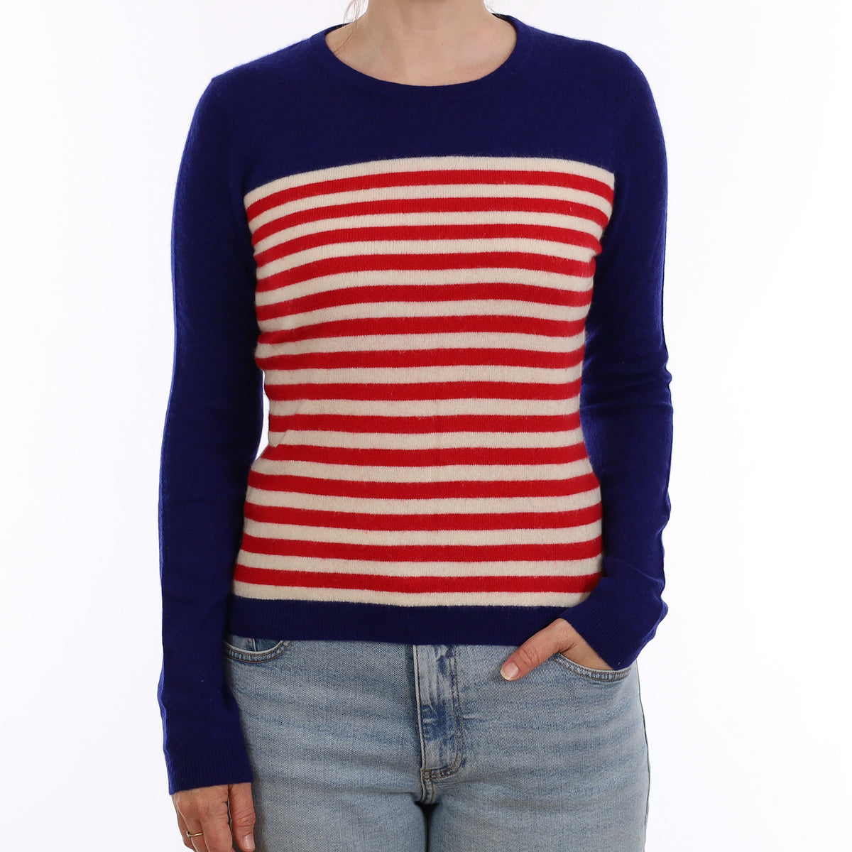 Blue Red and White Stripe Cashmere Crew Neck Jumper Small