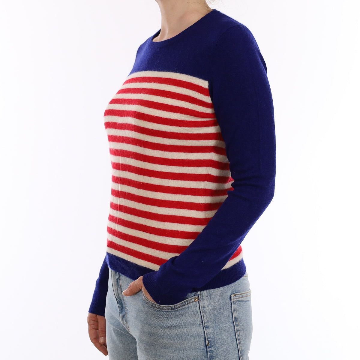 Blue Red and White Stripe Cashmere Crew Neck Jumper Small