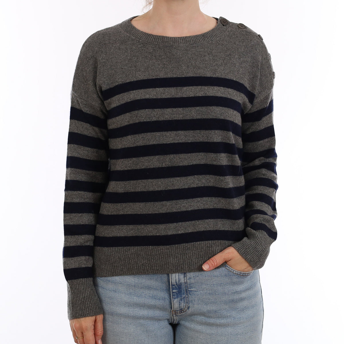 Vince Grey and Navy Stripe Cashmere Crew Neck Jumper Small