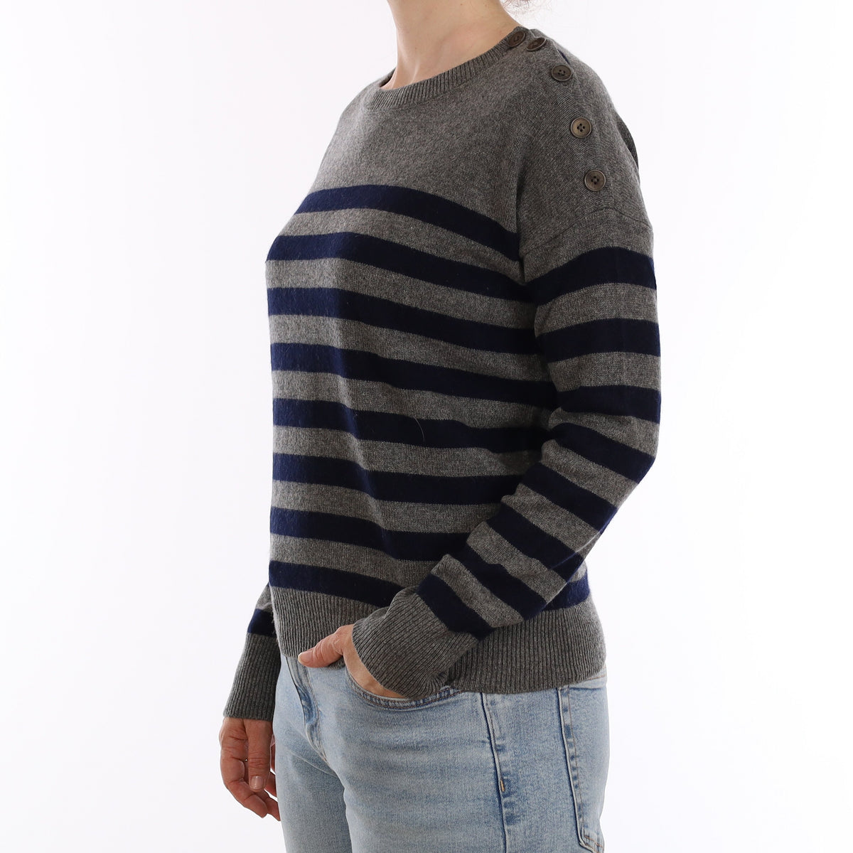 Vince Grey and Navy Stripe Cashmere Crew Neck Jumper Small