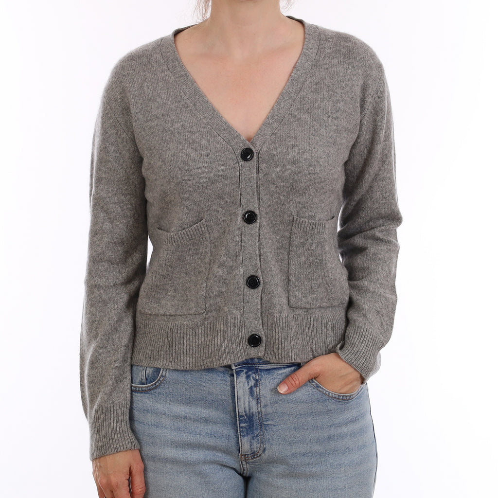 Ash Grey Heavy Knit Cashmere V Neck Cardigan Small