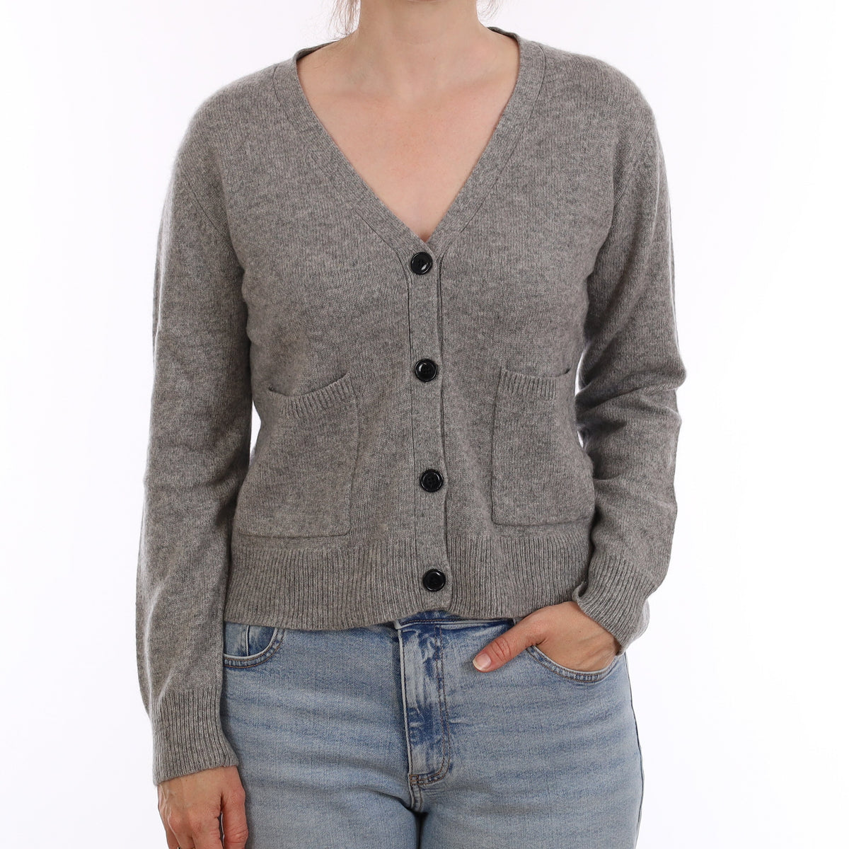 Ash Grey Heavy Knit Cashmere V Neck Cardigan Small