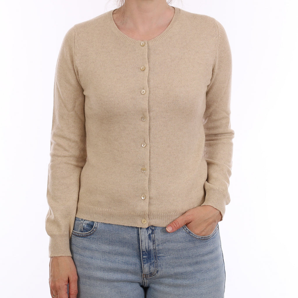 Brora Biscuit Beige Cashmere Crew Neck Cardigan Small