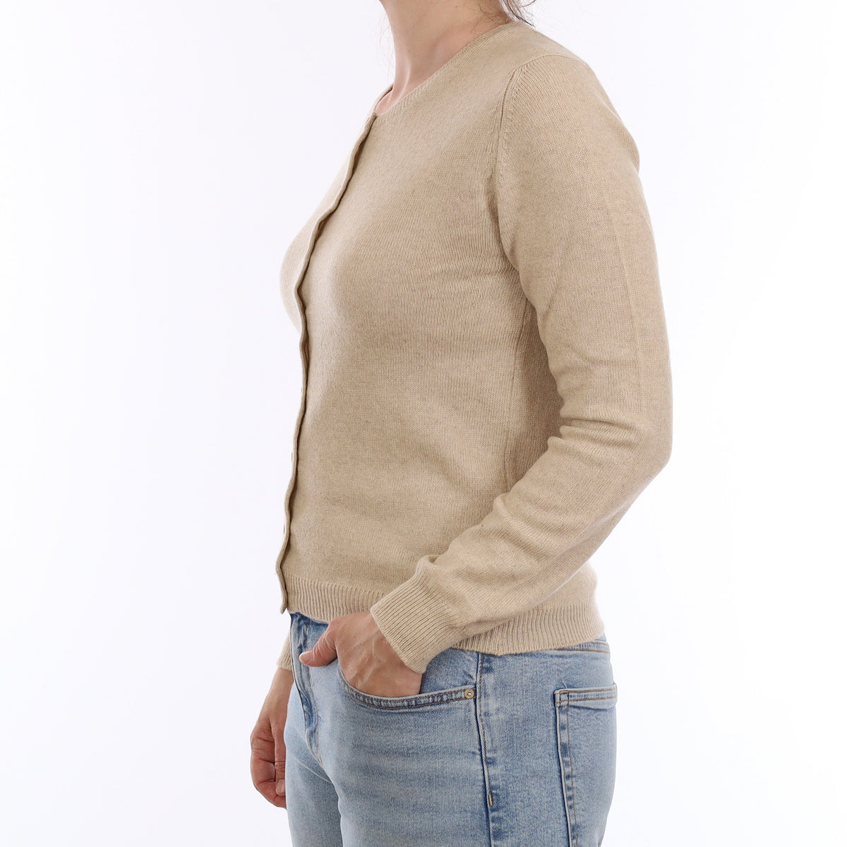 Brora Biscuit Beige Cashmere Crew Neck Cardigan Small