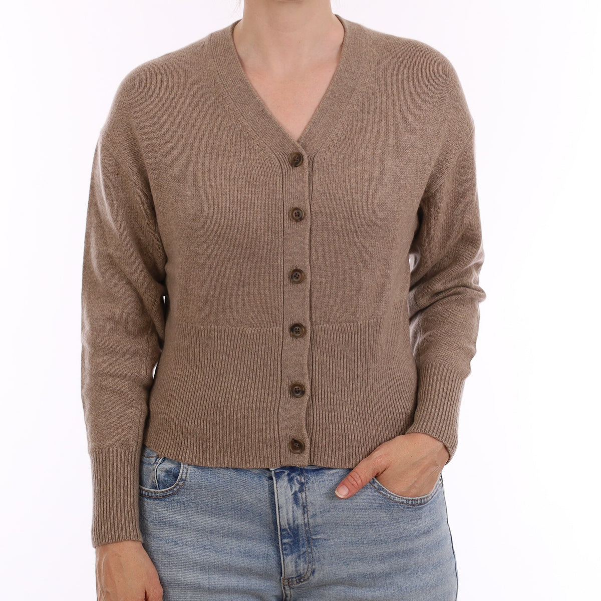 Taupe Brown Heavy Knit Cashmere V Neck Cardigan Small