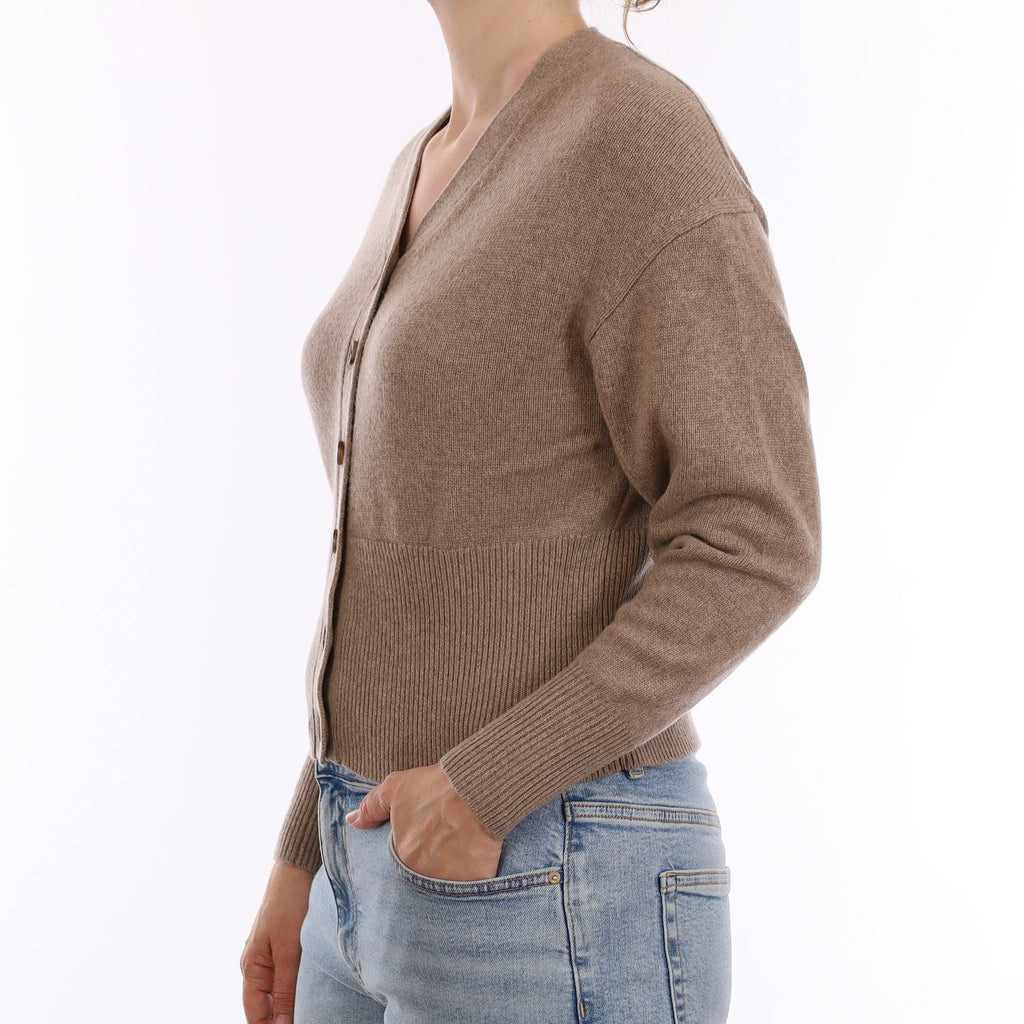 Taupe Brown Heavy Knit Cashmere V Neck Cardigan Small