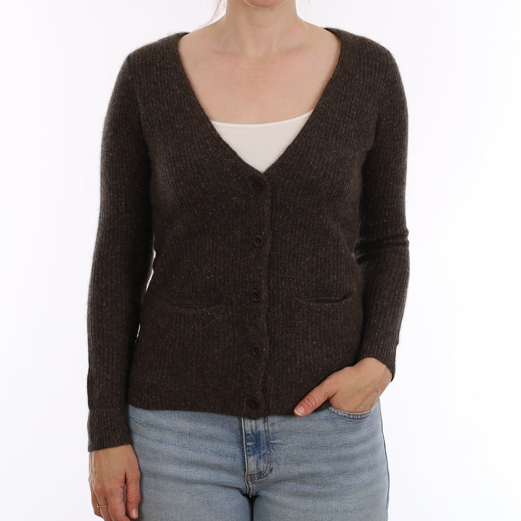Brown Flecked Rib Knit Cashmere V Cardigan Small