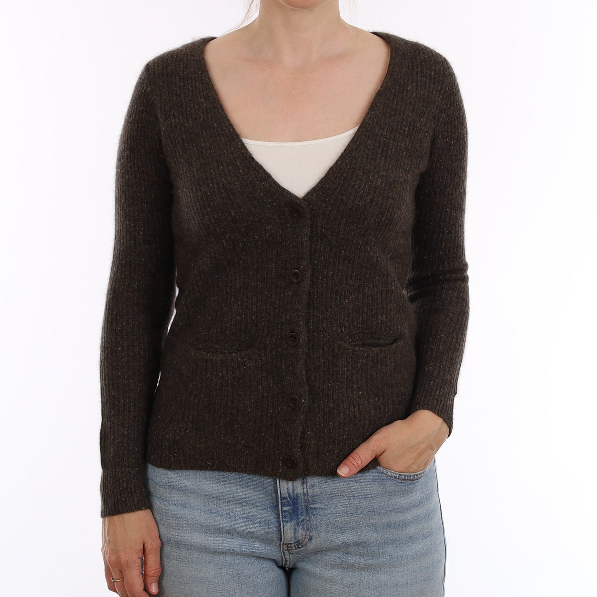 Brown Flecked Rib Knit Cashmere V Cardigan Small