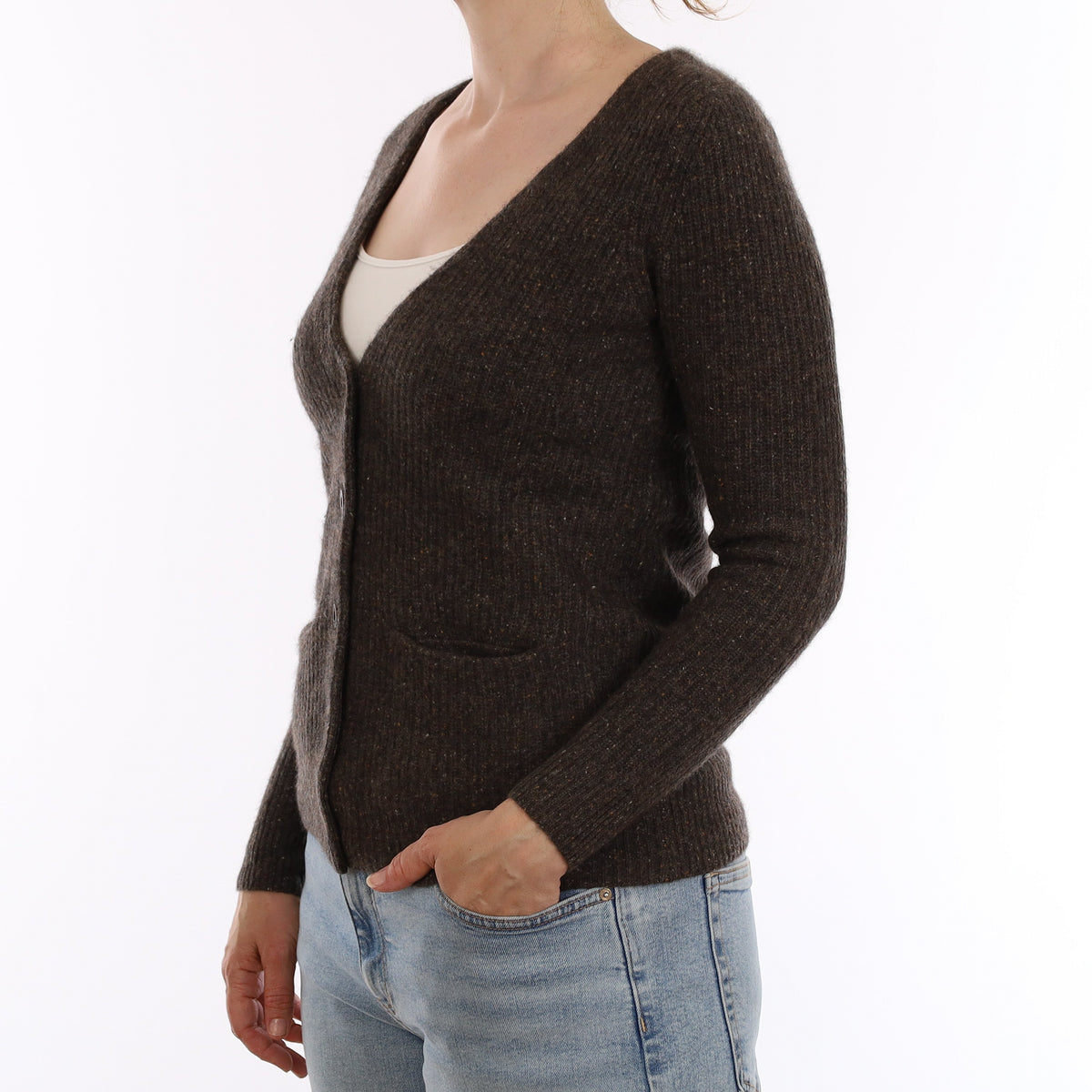 Brown Flecked Rib Knit Cashmere V Cardigan Small