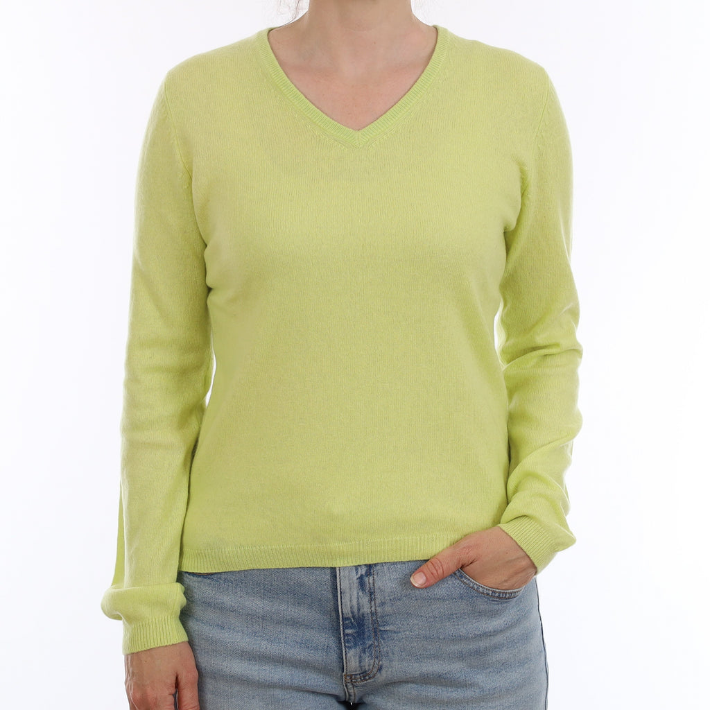 Chartreuse Green Cashmere V Neck Jumper Small