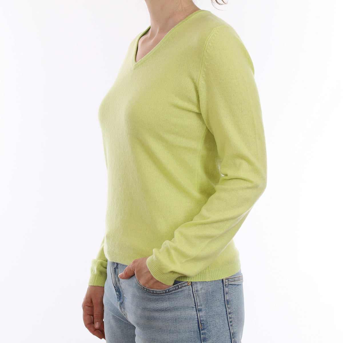 Chartreuse Green Cashmere V Neck Jumper Small