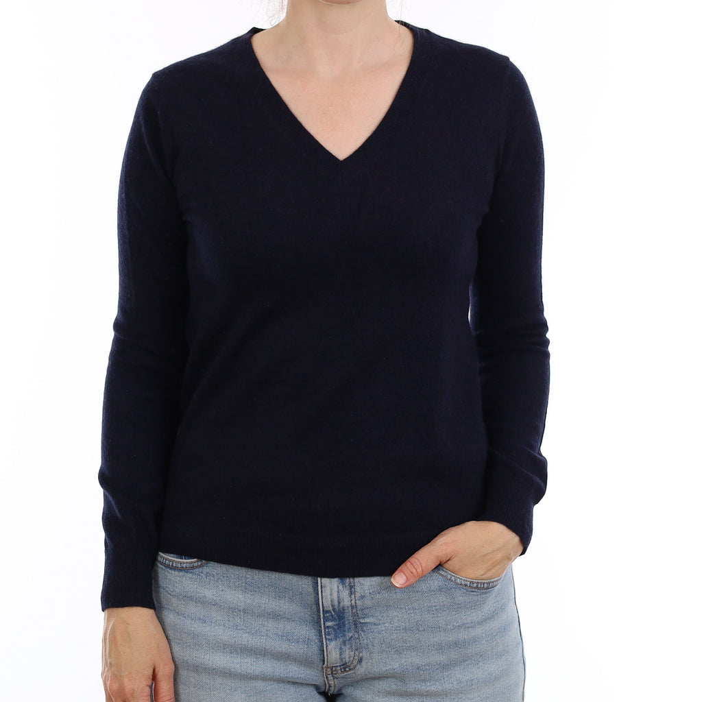 Navy Cashmere V Neck Jumper Small