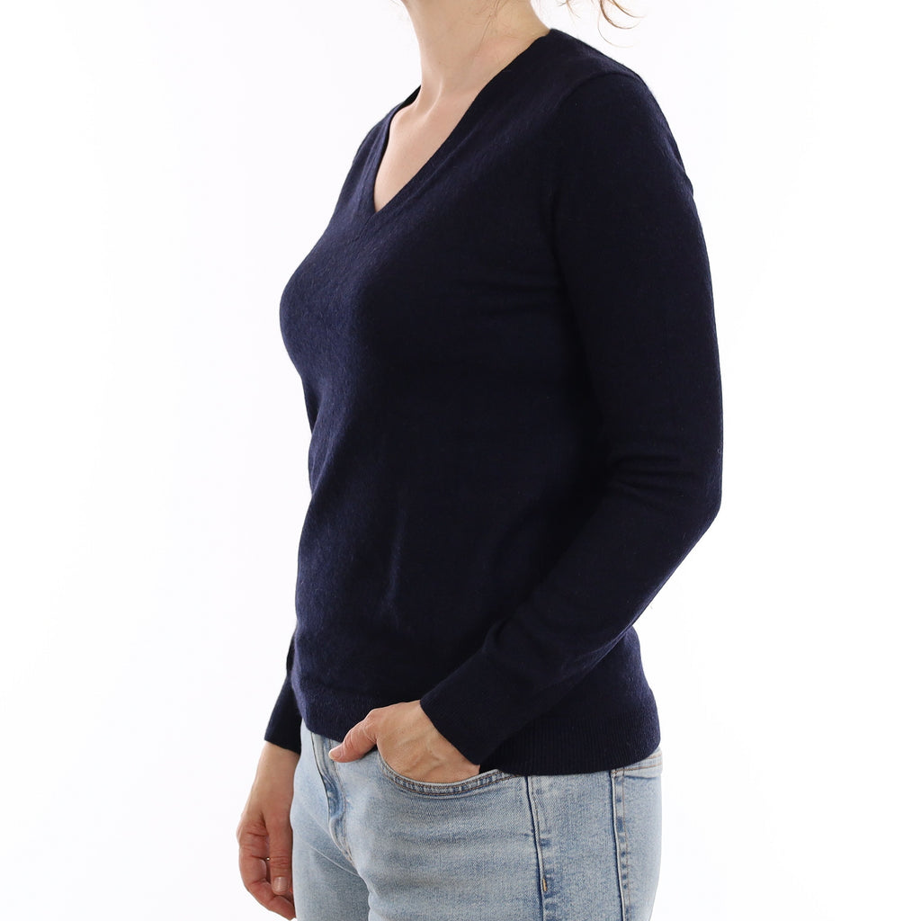Navy Cashmere V Neck Jumper Small