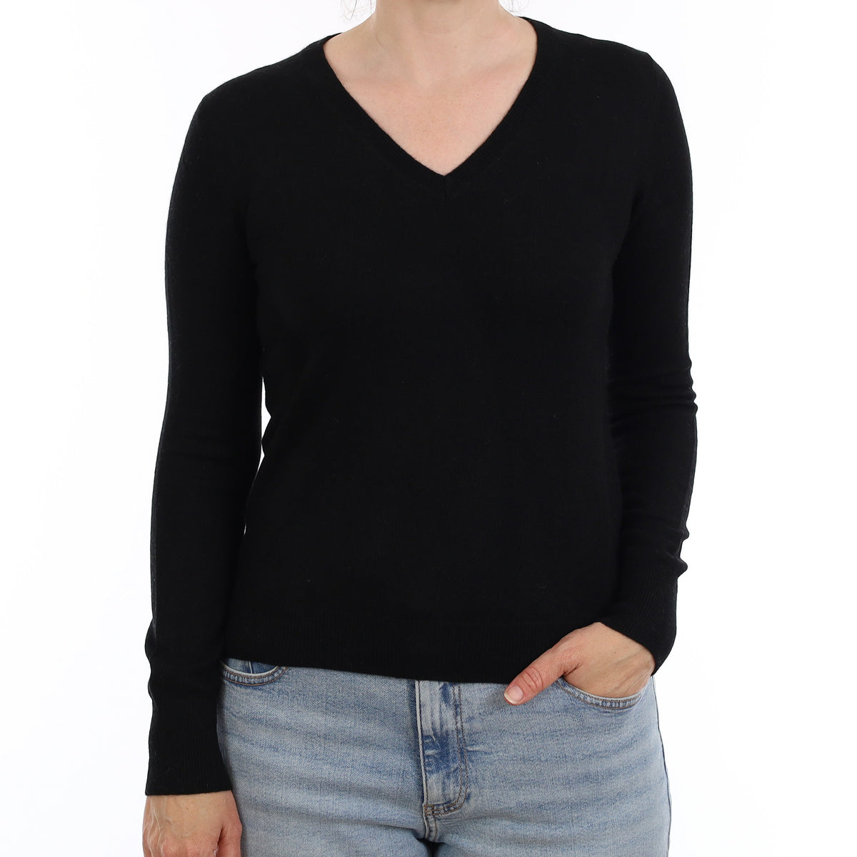 Black Cashmere V Neck Jumper Small