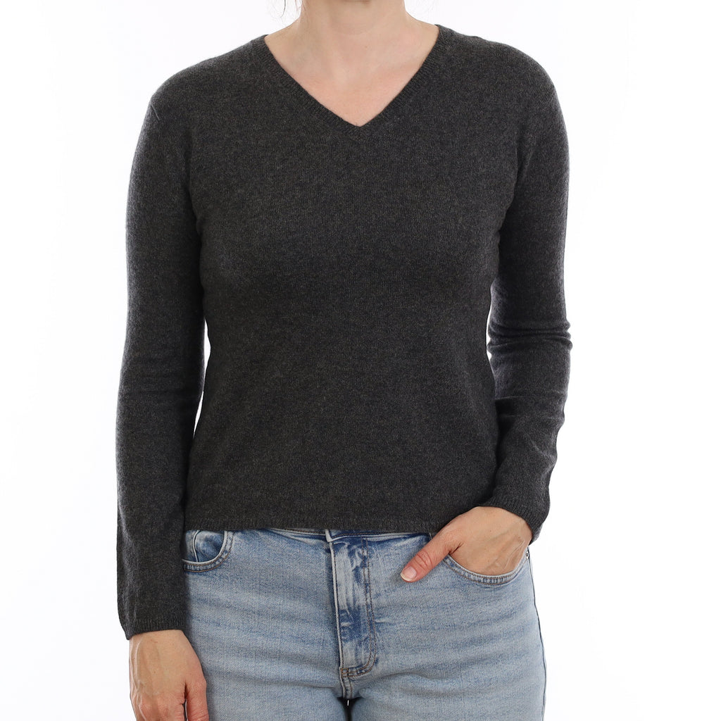 Granite Grey Cashmere V Neck Jumper Small