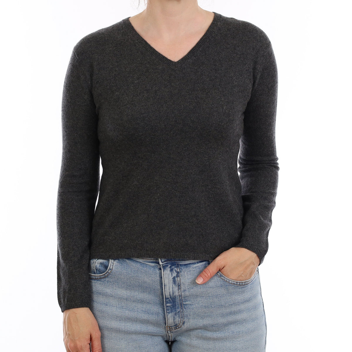 Granite Grey Cashmere V Neck Jumper Small