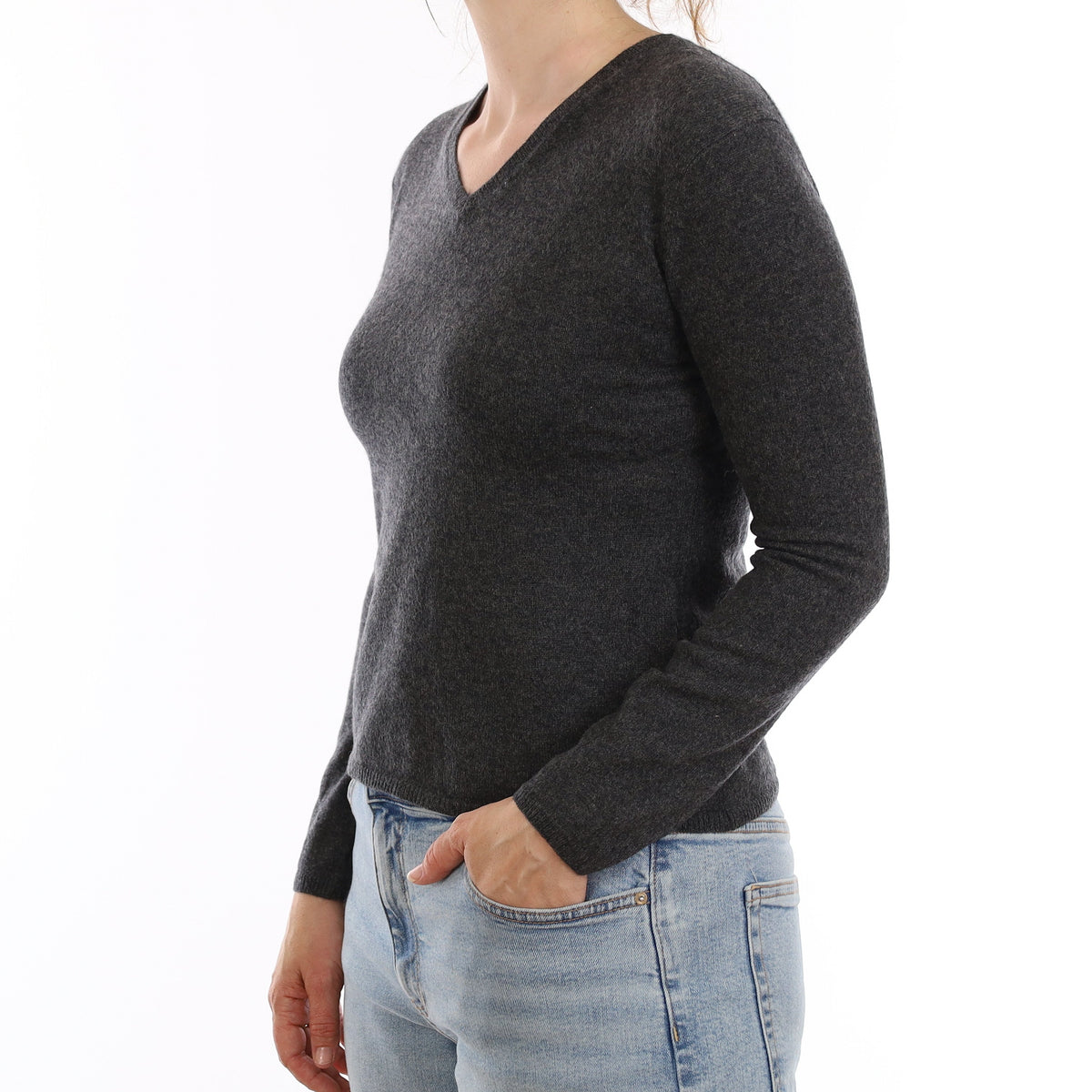 Granite Grey Cashmere V Neck Jumper Small
