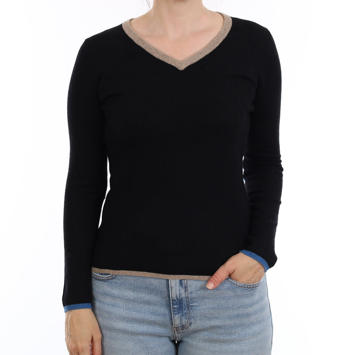 Black Blue and Taupe Cashmere V Neck Jumper Small