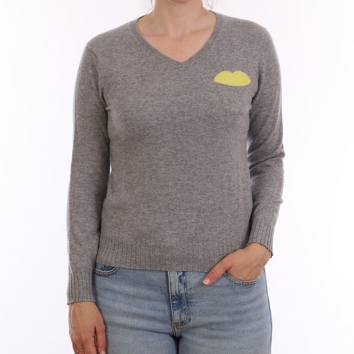 Smoke Grey Cashmere V Neck Jumper with Pocket Small