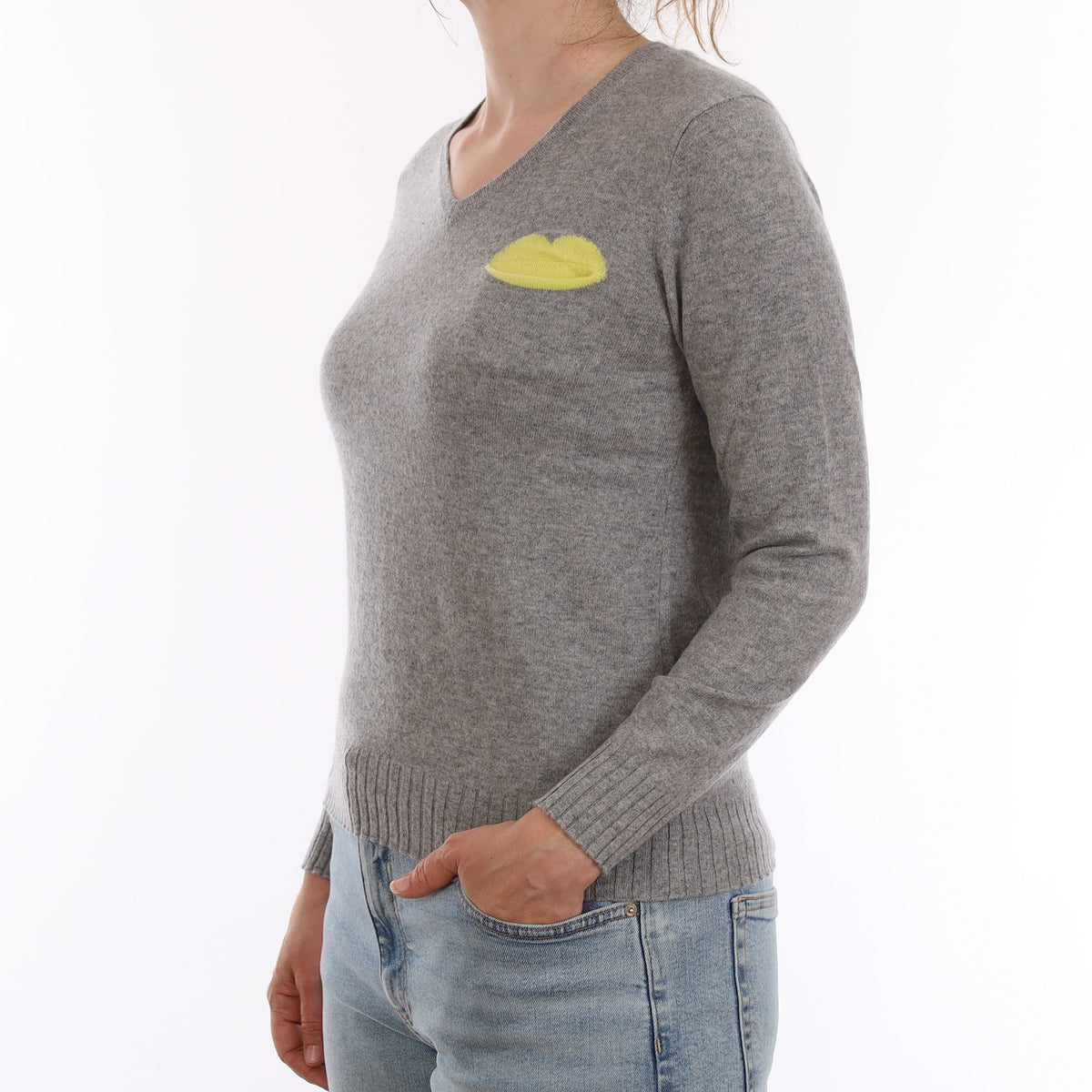 Smoke Grey Cashmere V Neck Jumper with Pocket Small