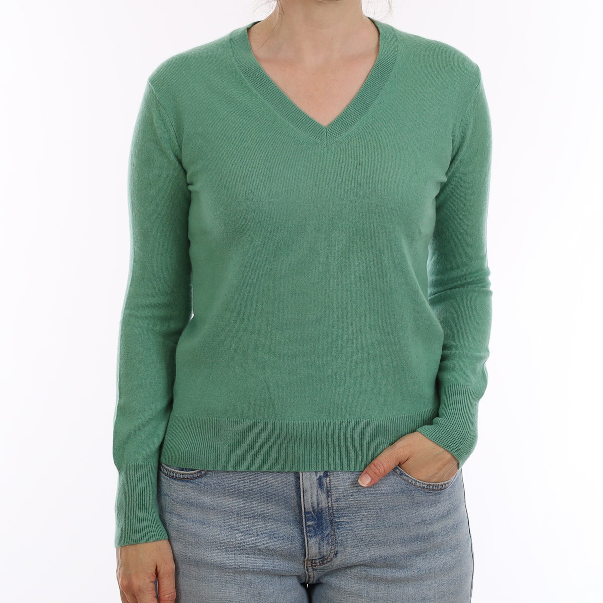 Deep Mint Green Cashmere V Neck Jumper Small