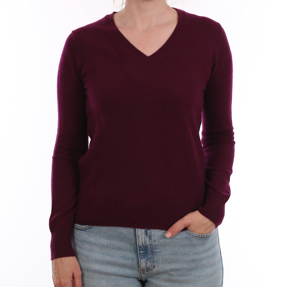 Damson Purple Cashmere V Neck Jumper Small