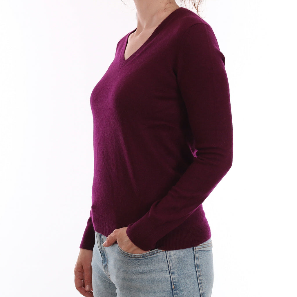 Damson Purple Cashmere V Neck Jumper Small
