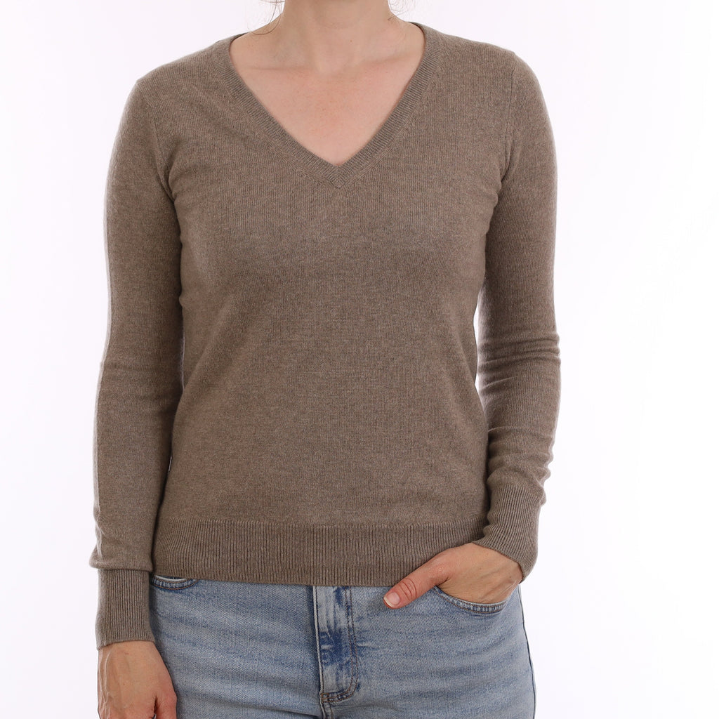 Khaki Brown Cashmere V Neck Jumper Small