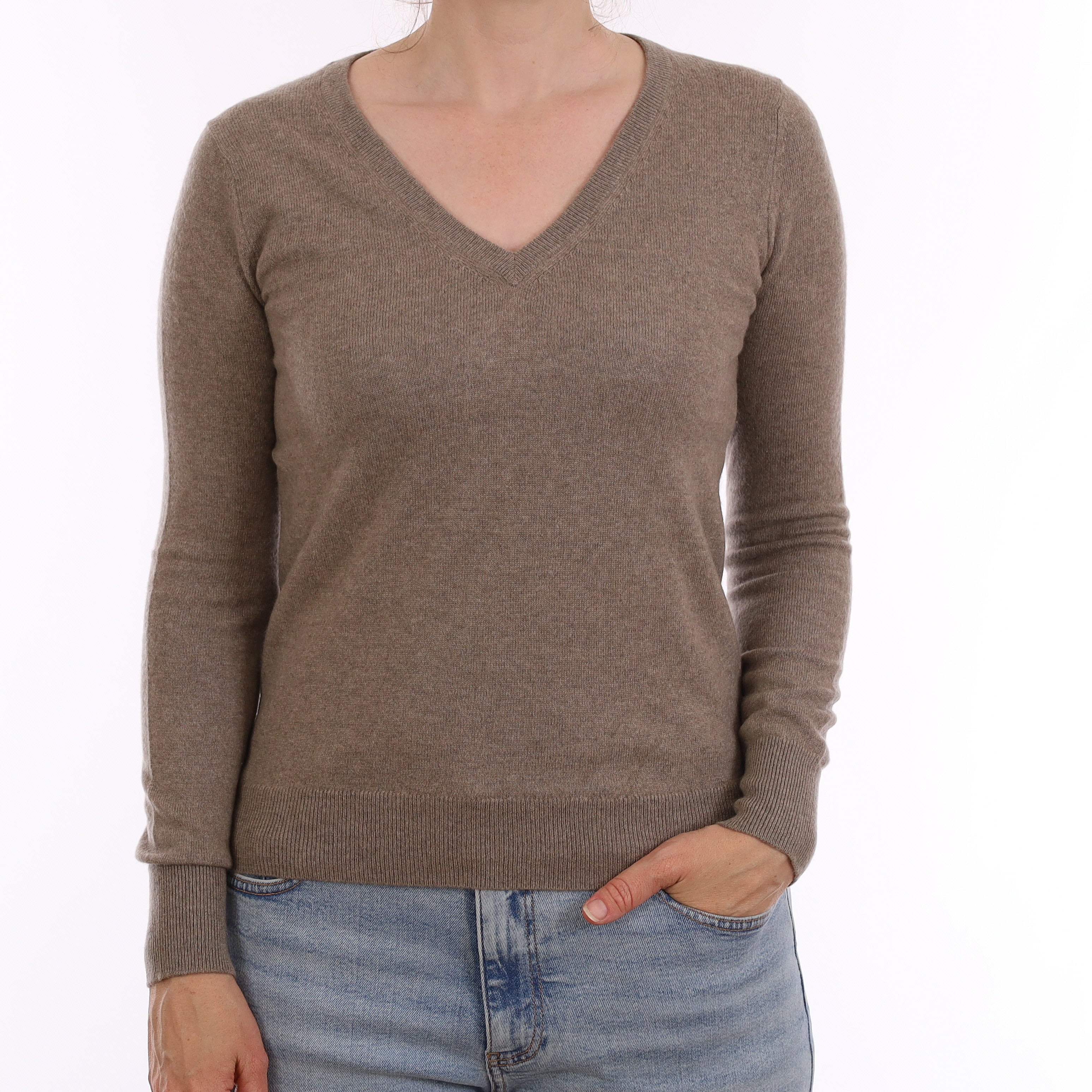 Khaki Brown Cashmere V Neck Jumper Small