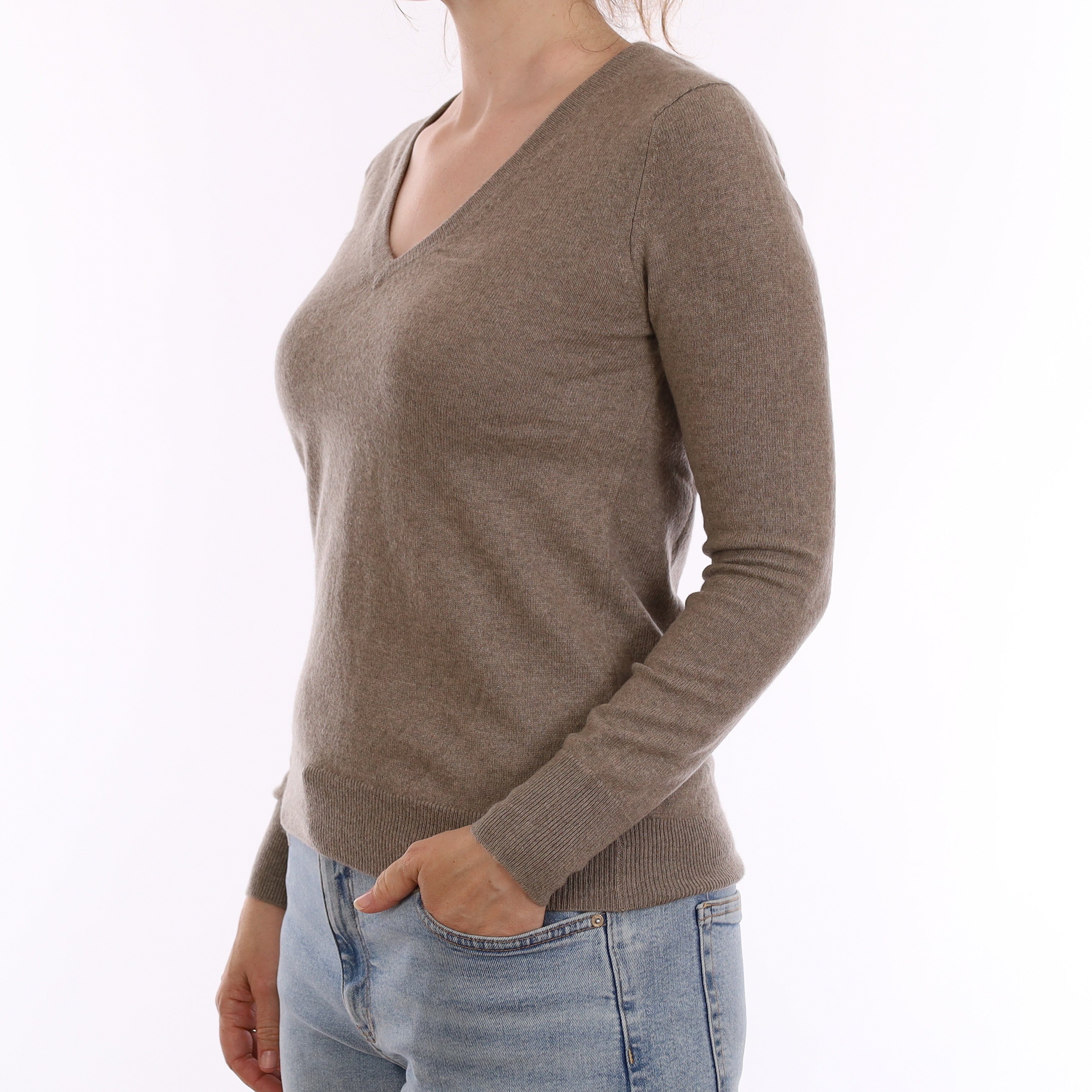Khaki Brown Cashmere V Neck Jumper Small